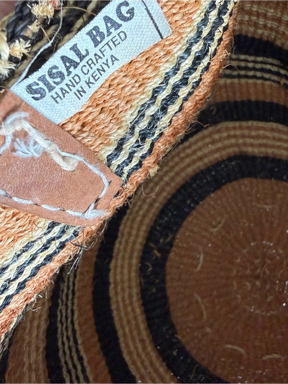 African Sisal Straw Woven Market Tote Bag Leather Strap Stripes Geometric Design - Picture 4 of 10